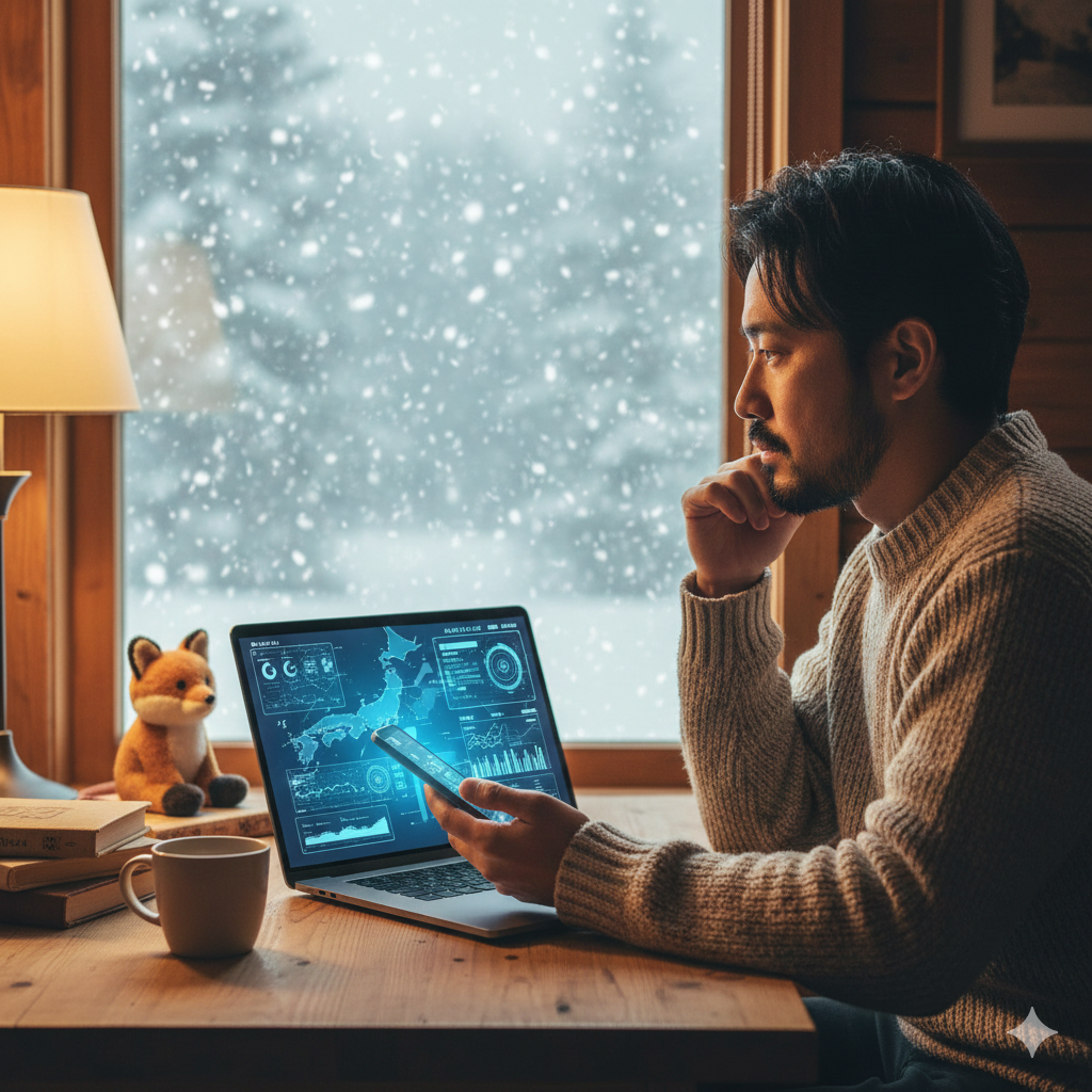 雪景色を見ながらPCとスマホを眺める様子