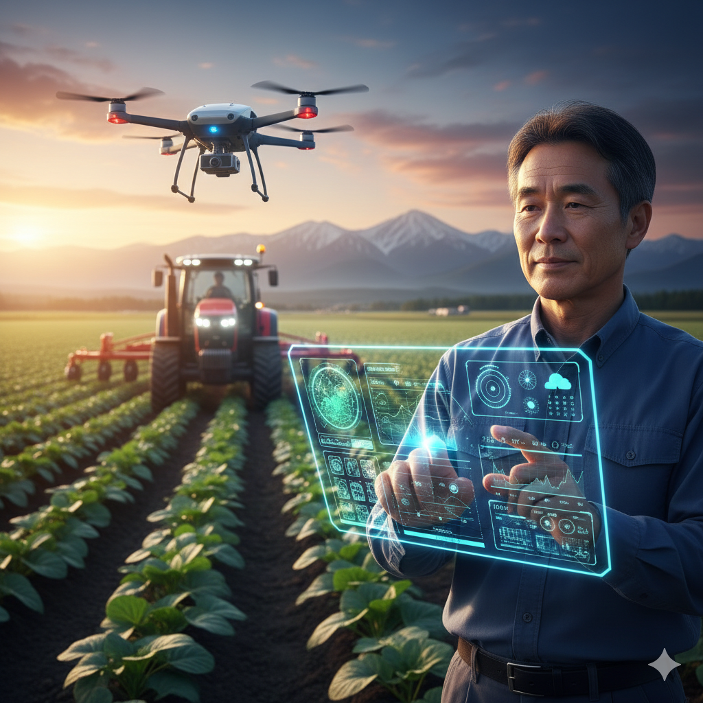 広大な畑に佇む農家が、ホログラムのように表示されたAIの土壌データパネルを操作している、未来的かつ美しい北海道の風景