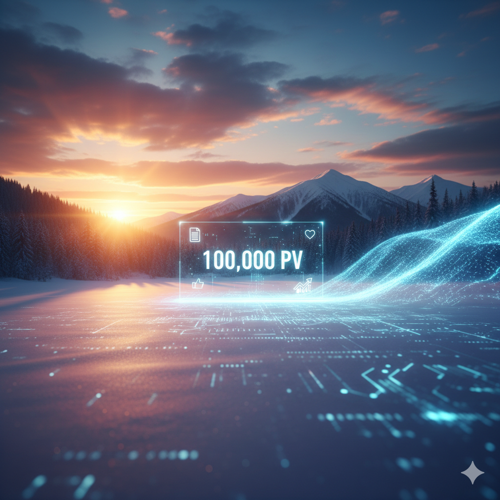 北海道の美しい雪山と朝焼け。その中をデジタルの光（AI）が駆け抜け、大きな『100,000 PV』という文字が浮かんでいる、祝祭的で感動的なビジュアル」