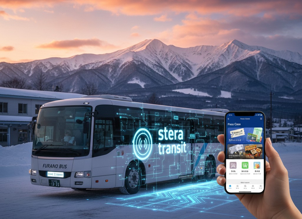 冬の富良野駅前、雪の中に立つ『ふらのバス』。その横に浮かぶデジタルな『タッチ決済』のアイコンと、スマホアプリ『Pass Case』を操作する手。背景には十勝岳連峰の雄大な夕焼け