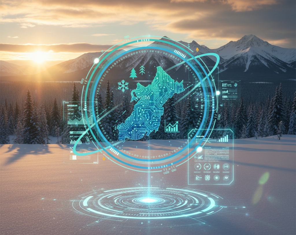 北海道の美しい大地とデジタルの検索インターフェースが融合した、AI×北海道ラボらしいビジュアル