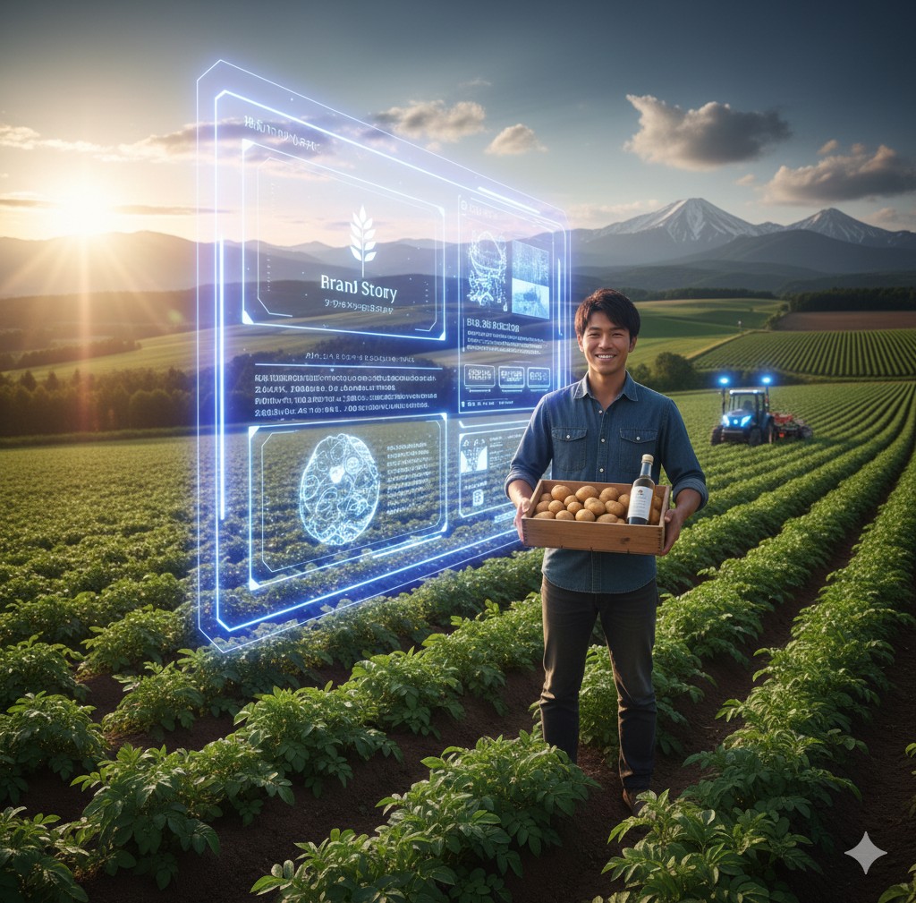 北海道の大地で、自分のブランドの商品を誇らしげに掲げる若手農家。その背後にはAIによるデジタルなデザインが浮かんでいる」イメージ
