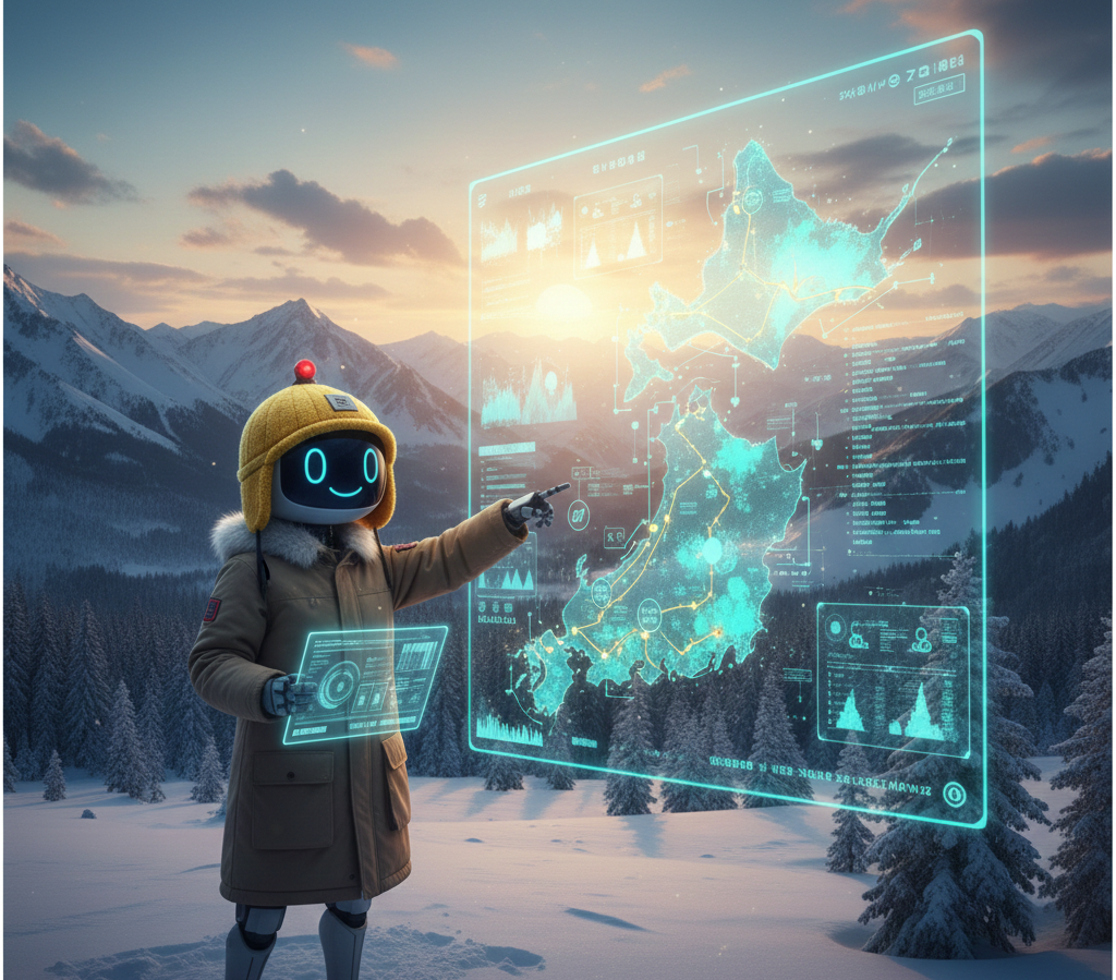 防災頭巾を被ったホッカイドロイドが、雪景色の上に広がるデジタルな安全・便利マップを解析している、頼もしいビジュアル