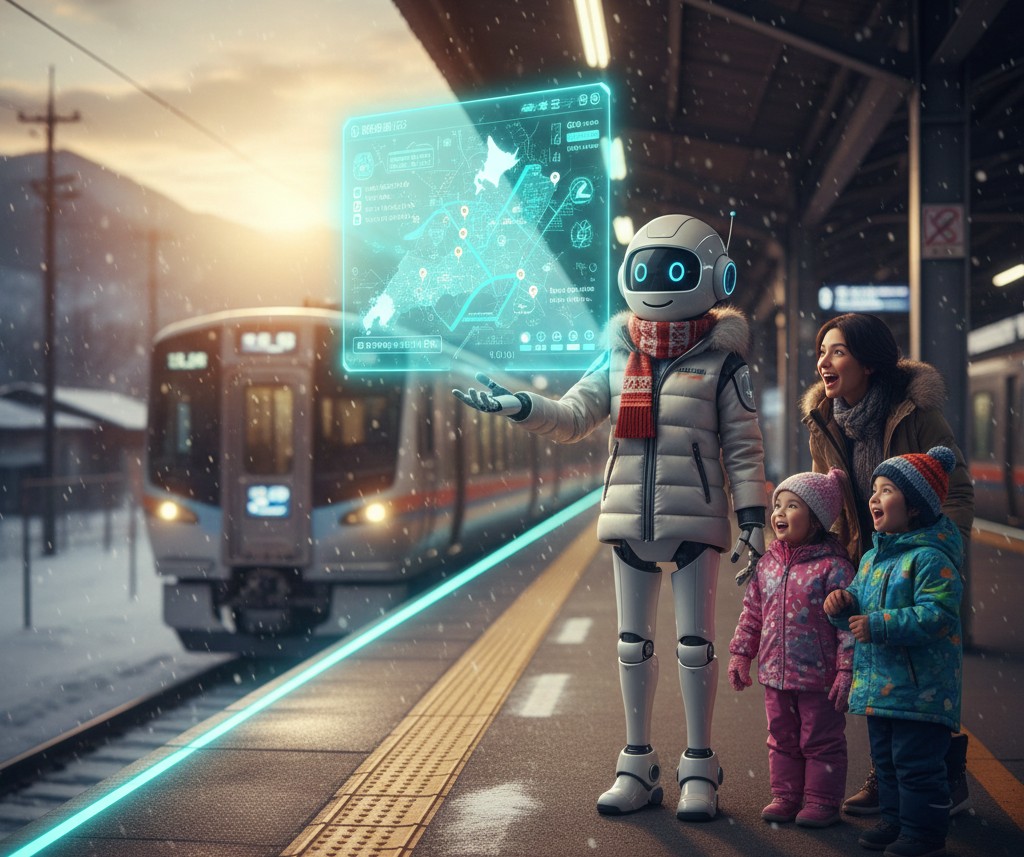 冬の北海道の美しい駅のホームで、ホッカイドロイドがホログラムのデジタルマップを見せながら、到着したばかりの観光客をエスコートしている様子