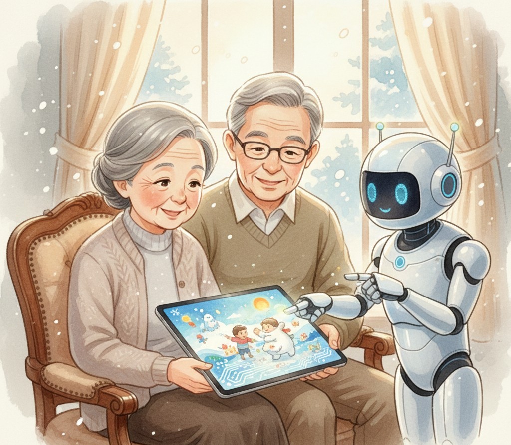 温かみのある水彩画風のイラスト。笑顔のシニア夫婦が、可愛らしい白いロボット（ホッカイドロイド）と一緒にタブレットで制作中のAI絵本を覗き込んでいる様子。窓の外には北海道らしい雪景色が広がっている。