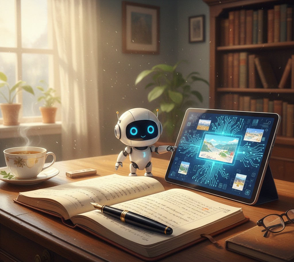 柔らかな陽光が差し込む書斎の机に、使い込まれた万年筆と開かれたノート、そして最新のデジタルタブレットが並んでいる。タブレットの横では小さな白いロボット（ホッカイドロイド）が画面を指差しており、アナログな知恵と最新AIの融合を表現した温かみのあるアイキャッチ画像。